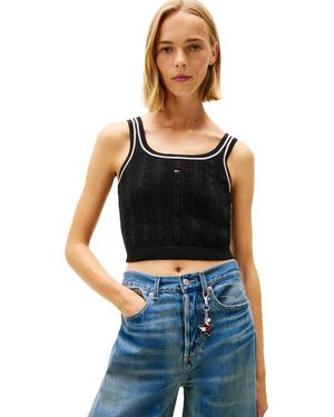 Tommy Hilfiger S Cotton Cable Pullover Crewneck Tank Jumper With Knit Flag Print - Blue