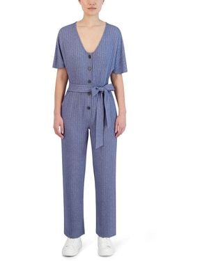 BCBGeneration Short Sleeve Fit And Flare Jumpsuit With Tie Belt - Blue