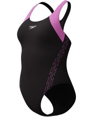 Speedo Hyperboom Splice Racerback Swimsuit Swimming Costume Neon Violet Size 42" Approx Uk 20 - Black