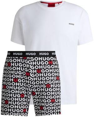 HUGO S Tortuga Short Set Gift-boxed Pyjamas In Stretch Cotton With Logo Prints - White