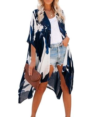 HIKARO Cardigan Donna Kimono Copertura Floreale Spiaggia Copricostume Bikini da Spiaggia - Blu