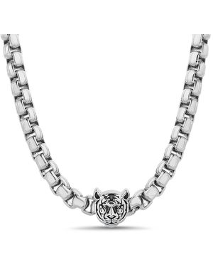 TRUE RELIGION Tiger Head Pendant 22 Inch Long 6mm Thick Box Chain Necklace For Rhodium Plated Brass - Metallic