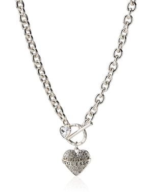 Guess Pave Heart with Logo Banner Pendant Toggle Necklace - Métallisé