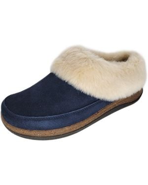 Clarks Ladies Suede Slippers Faux Fur Collar Lined With Cork Midsole Open Back Indoor Outdoor - Blue