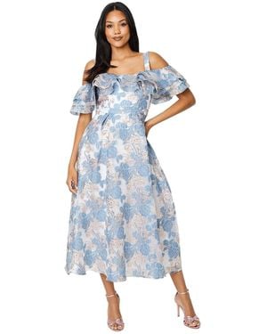 Coast Frill Bardot Midi Dress In Floral Jacquard - Blue