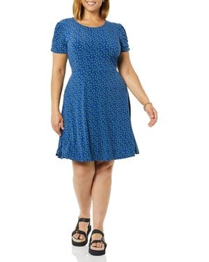 Amazon Essentials Abito a Trapezio a Girocollo con iche Corte Arricciate - Blu