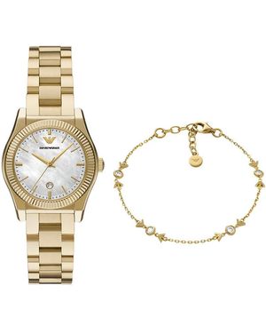 Emporio Armani Goldfarbene Edelstahl Uhr und Armband Sterlingsilber - Mettallic