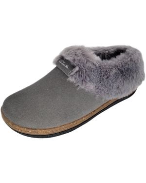 Clarks Womens Suede Slippers Smooth Toe Faux Fur Collar Cork Lining Open Back Indoor Outdoor - Grey