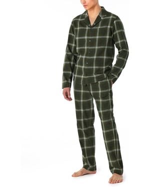 Schiesser Schlafanzug lang durchgeknöpft Web Flanell-warm und weich Pyjamaset - Grün