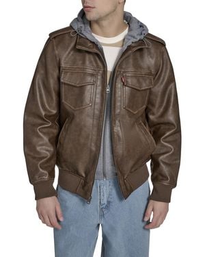 Levi's Faux Leather Aviator Bomber Jacket With Jersey Bib And Hood - Brown
