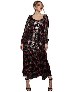 Dorothy Perkins Black Floral Ruffle Long Sleeve Chiffon Metallic Midi Dress