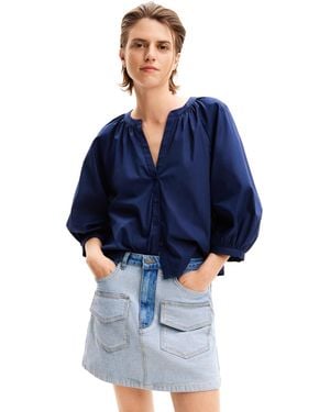 Desigual V-neck Poplin Blouse Blue