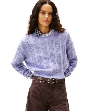 Tommy Hilfiger S Cotton Cable Pullover Crewneck Jumper With Knit Flag Print - Purple