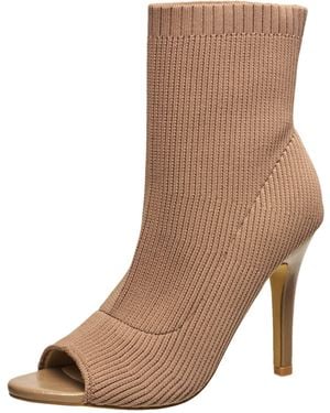 French Connection Meghan Peep Toe Booties Comfortable Work Fall Winter Pull On Fashion Shoes Heeled Boots For With Soft Knit Upper - Brown