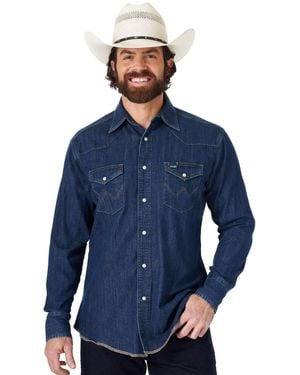 Wrangler Cowboy Cut Western Long Sleeve Snap Work Shirt Washed Finish - Blue