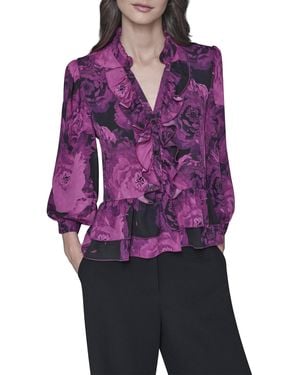 Karl Lagerfeld Paris Long Sleeve V-neck Floral Printed Blouse - Purple