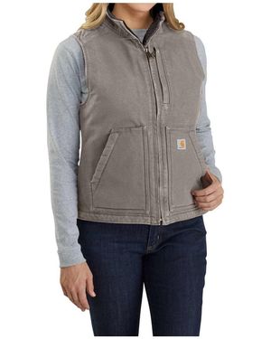 Carhartt Mens Loose Fit Washed Duck Sherpa-lined Mock Vest Work Utility Outerwear - Brown