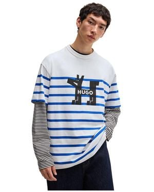 HUGO S Nolastripe Cotton-jersey Loose-fit T-shirt With Dog Logo White - Blue