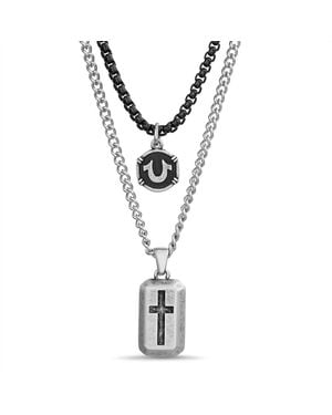 TRUE RELIGION Horseshoe Black Cross Dog Tag Pendant 22 Inch Long Chain Necklace For Stainless Steel - Metallic