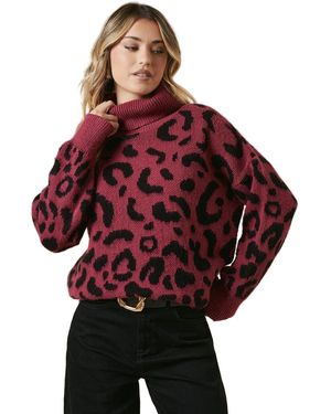 Dorothy Perkins Fluffy Leopard Roll Neck Jumper - Red