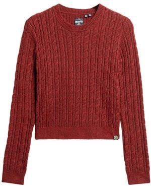 Superdry Figurbetonter Rundhalspullover mit Zopfmuster Weinrot 42