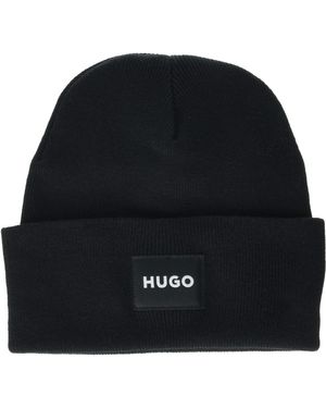 HUGO Square Logo Cotton Blend Beanie Hat - Black