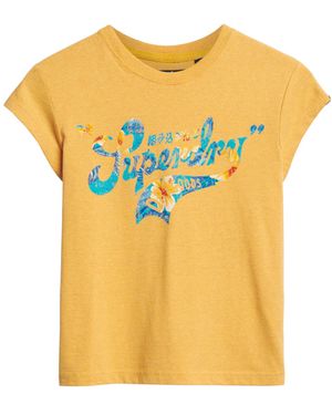 Superdry Geblümtes T-Shirt mit Schriftzug und Flügelärmeln Bernsteinfarben Gelb Meliert 44