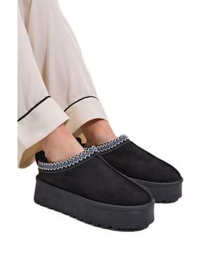 Dorothy Perkins Georgina Faux Suede Fur Trim Flatform Closed Toe Slipper - Black