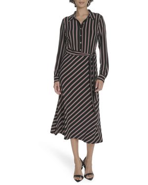 Tommy Hilfiger Long Sleeve Collared Self Tie Midi Shirtdress Casual Dress - Black