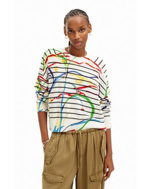 Desigual Pull Court Rayures Arty - Blanc