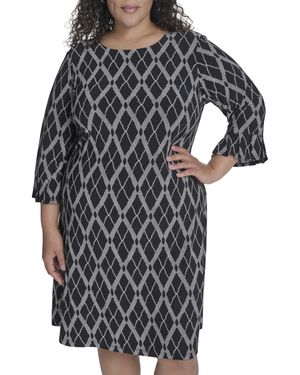 Tommy Hilfiger 3/4 Sleeve Lacross Argyle Printed Jersey Shift Dress - Black