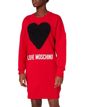 Love Moschino Loose Fit Long Sleeved Dress Maxi Heart with Tulle Ruffle Applique And Logo Print Casual - Rosso