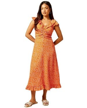 Dorothy Perkins Petite Orange Ditsy Frill Neck Ruched Front Jersey Midi Dress