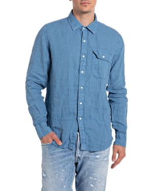 Replay Hemd Langarm aus Leinen - Blau