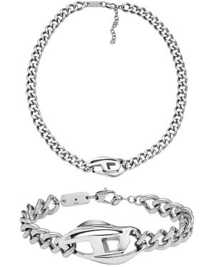 DIESEL Set Armband und Halskette aus silberfarbenem Edelstahl - Weiß