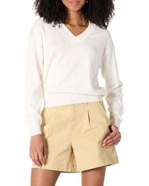 Amazon Essentials Relaxed-fit Lightweight V-neck Cropped Sweater - White