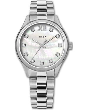 Timex Uhr Legacy Edelstahl Silber Stahl Gehäuse Quarzwerk Silbernes Zifferblatt Braunes Stahlarmband mit Faltschließe 5 ATM - Mettallic