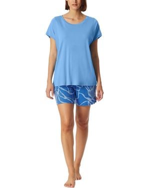 Schiesser Schlafanzug Kurze Hose Kurzarm-Modern Nightwear Pyjamaset - Blau