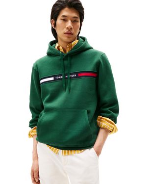 Tommy Hilfiger Medium Weight Fleece Hoodie Sweatshirt With Signature Stripe Logo Hooded - Green
