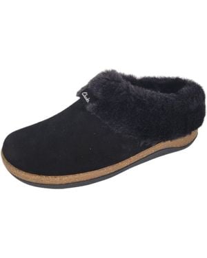 Clarks Womens Suede Slippers Smooth Toe Faux Fur Collar Cork Lining Open Back Indoor Outdoor - Black