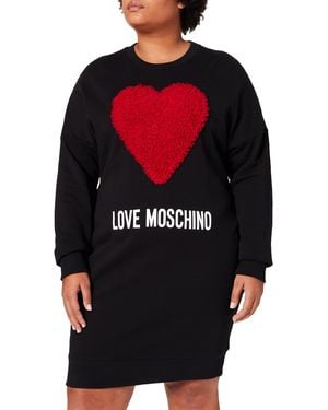 Love Moschino Loose Fit Long Sleeved Dress Maxi Heart with Tulle Ruffle Applique And Logo Print Vestito Casual - Nero