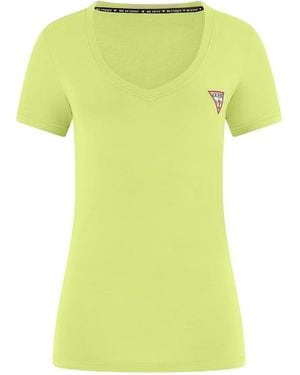 Guess T-Shirt Scollo a V e Logo Piccolo Laterale. Lime L - Giallo