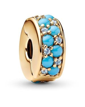 PANDORA Moments Aquablaues 763902c01 14k Gold Plated Sterling Silver Clip On Charm With Ice Blue And Caprium Blue Crystals Compatible