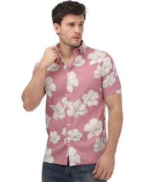 Ted Baker Coving Short Sleeve Seersucker Floral Print Shirt Pink M - Red