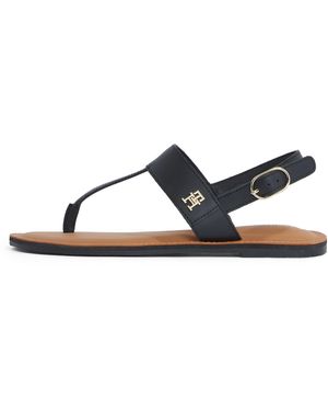 Tommy Hilfiger Lederen String Sandaal Plat - Zwart