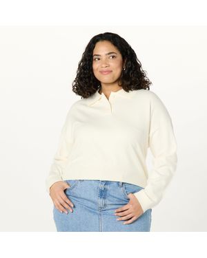 The Drop Joan Splitneck Polo Long Sleeve Sweater Pullover - Weiß