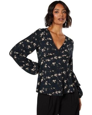 Dorothy Perkins Ditsy Floral Long Sleeve Button Front Tea Blouse - Black