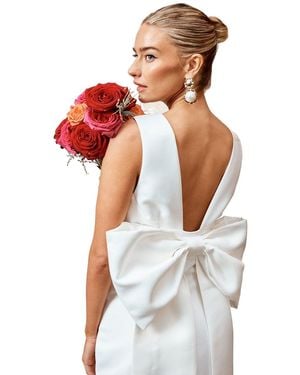 Coast Satin Evening Party Honoured Plunge Neck Structured Satin Bow Back Sophisticated Wedding Dress Gown - White