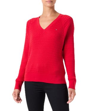 Tommy Hilfiger Pullover Cable Sweater mit V-Ausschnitt - Rot