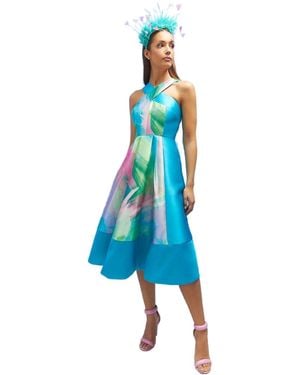Coast Lisa Tan Cross Front Printed Twill Midi Dress - Blue